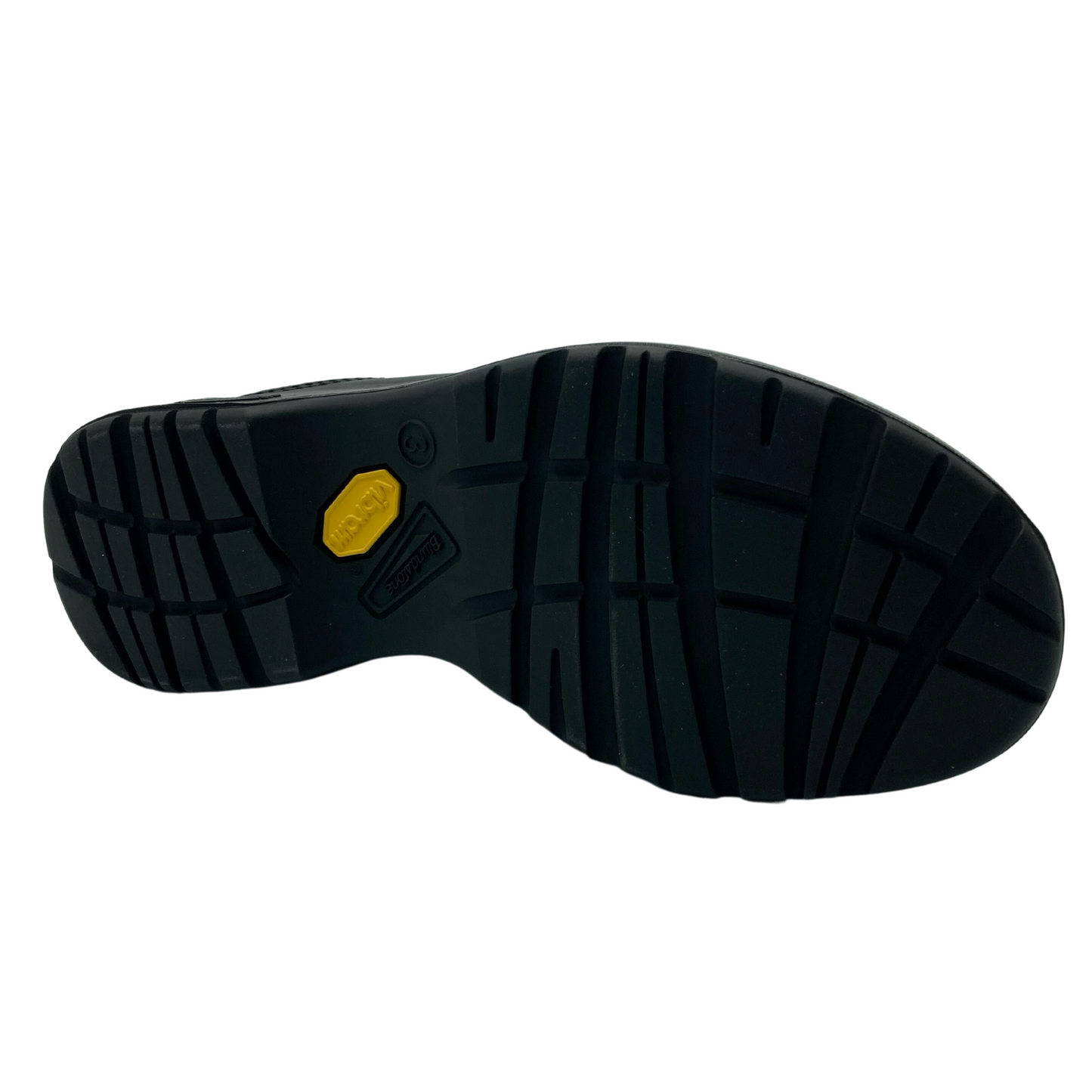 Bottom view of black leather clog with black rubber outsole