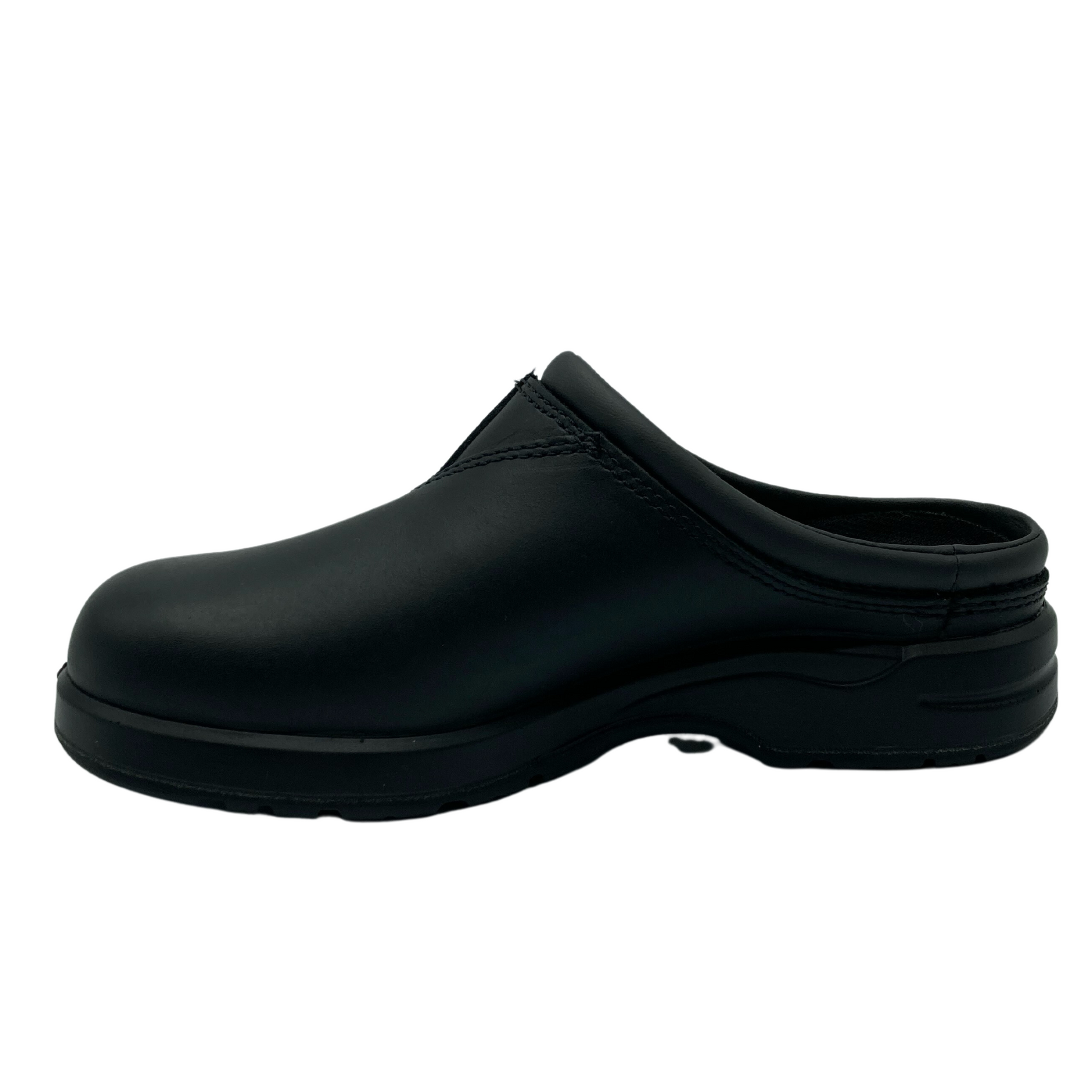 Left facing view of black leather clog with black rubber outsole