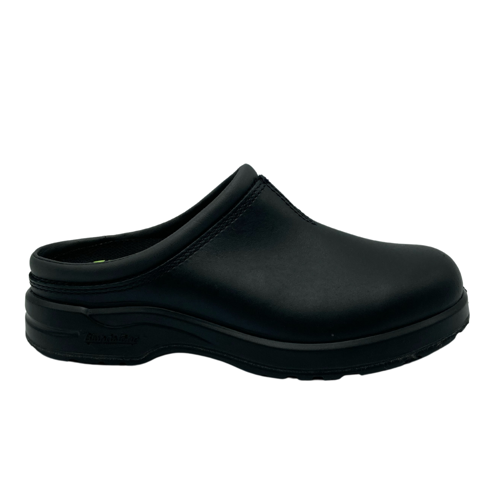Right facing view of black leather clog with black rubber outsole