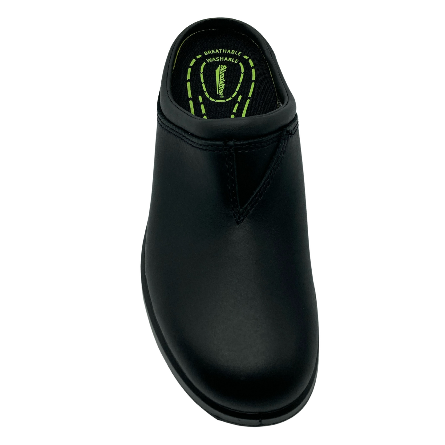 Top view of black leather clog with black lining and lime green writing on insole