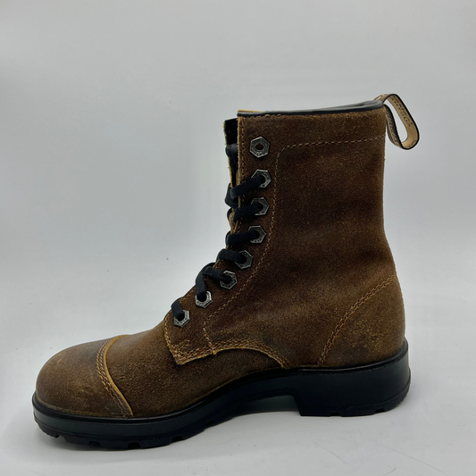 Brown leather boot with black laces on a white background