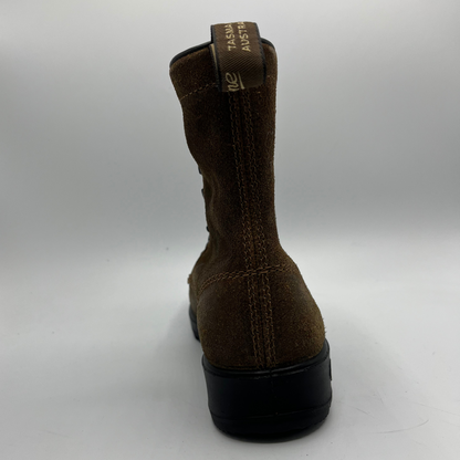 Brown boot with a branded pull tab on a white background