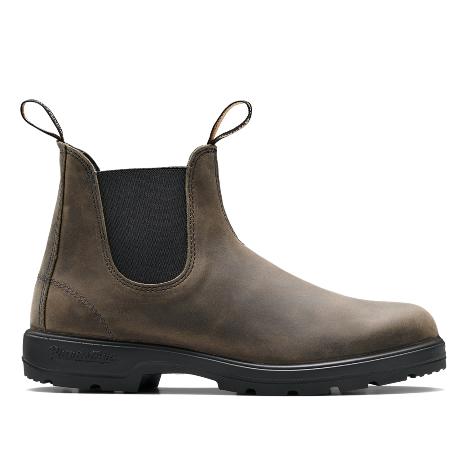 Brown Chelsea boot with black sole on a white background