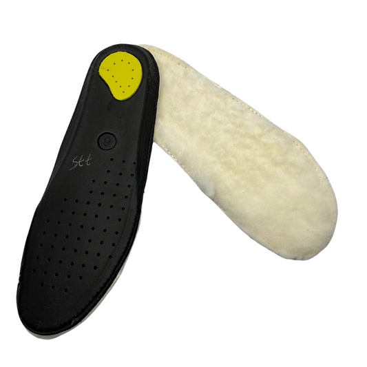 The top view and bottom view of a right insole. Insole on the right is white merino wool and the left is black with a yellow heel.