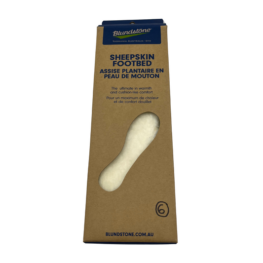 Brown and blue cardboard package of sheepskin footbeds. 