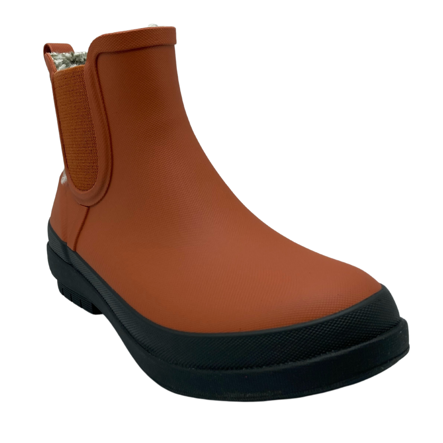 45 degree angled view of burnt orange short rain boot with black rubber outsole