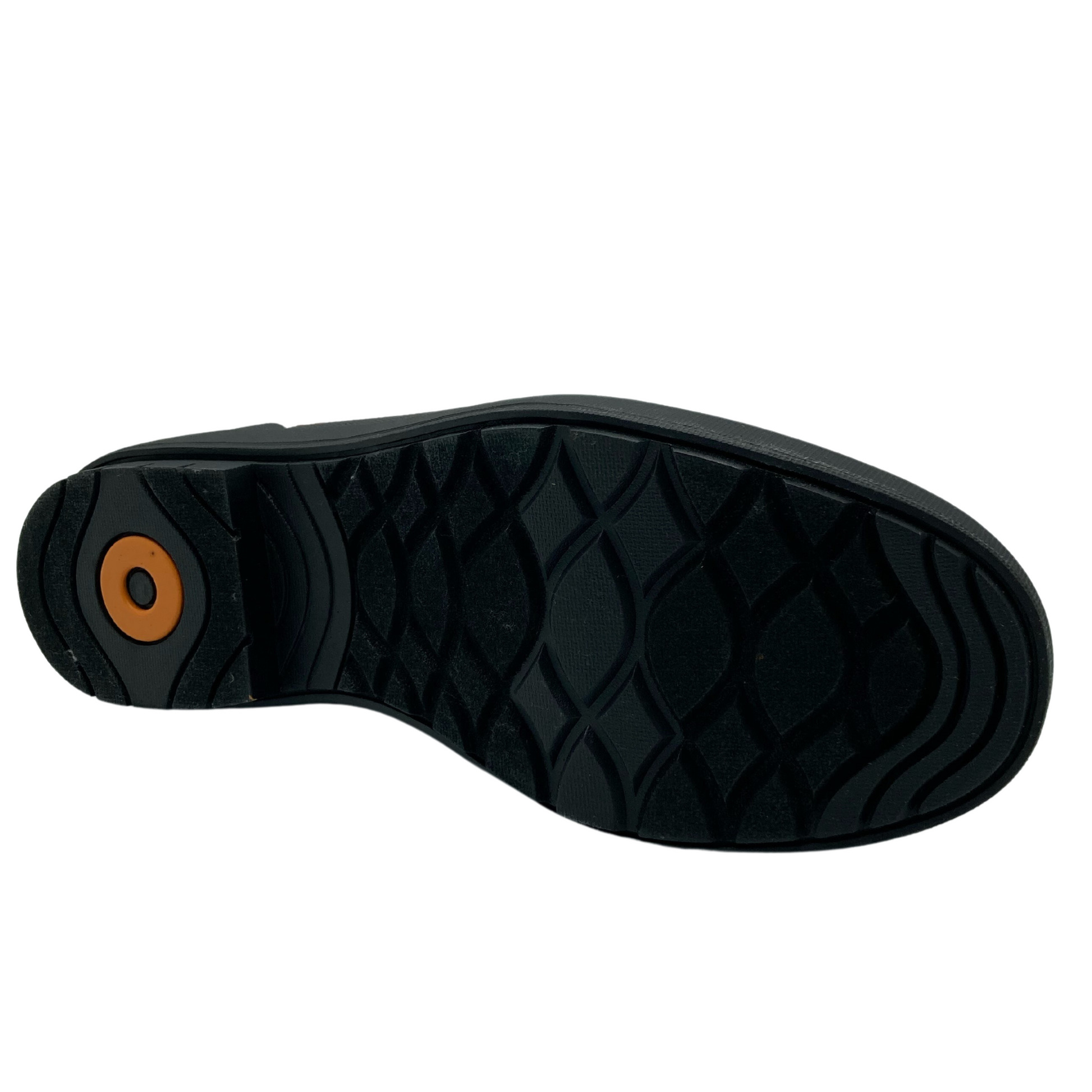 Bottom view of short rain boot with black rubber outsole