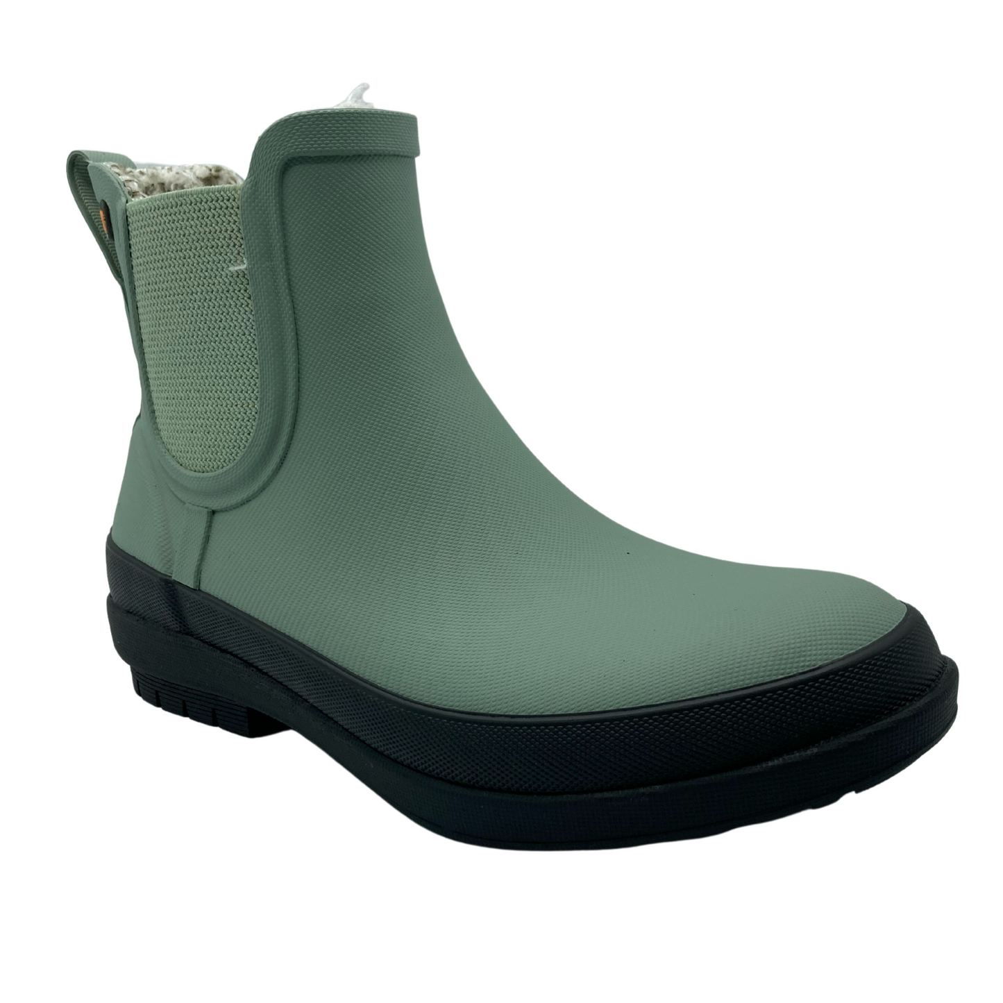45 degree angled view of jade coloured short rain boot with matching elastic gores and black rubber outsole