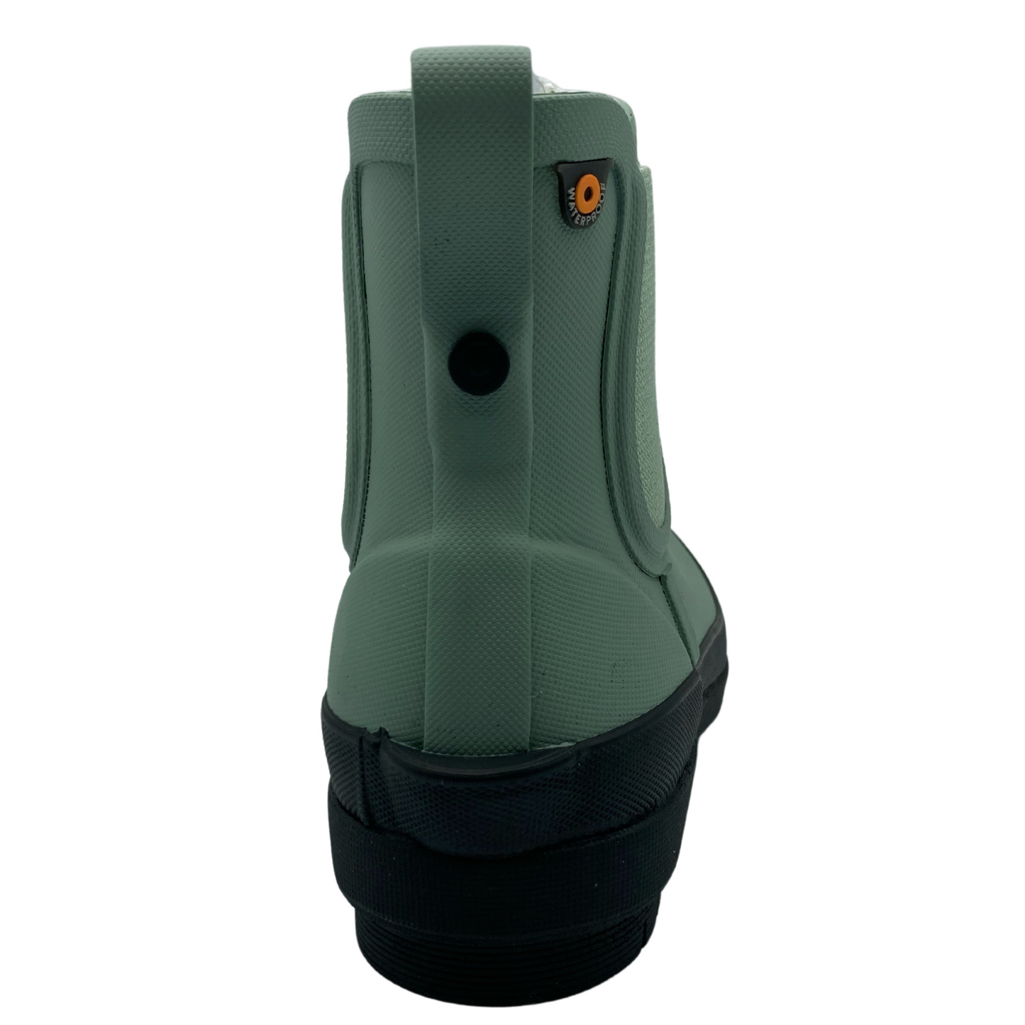 Back view of short jade rain boot with black outsole and pull on tab