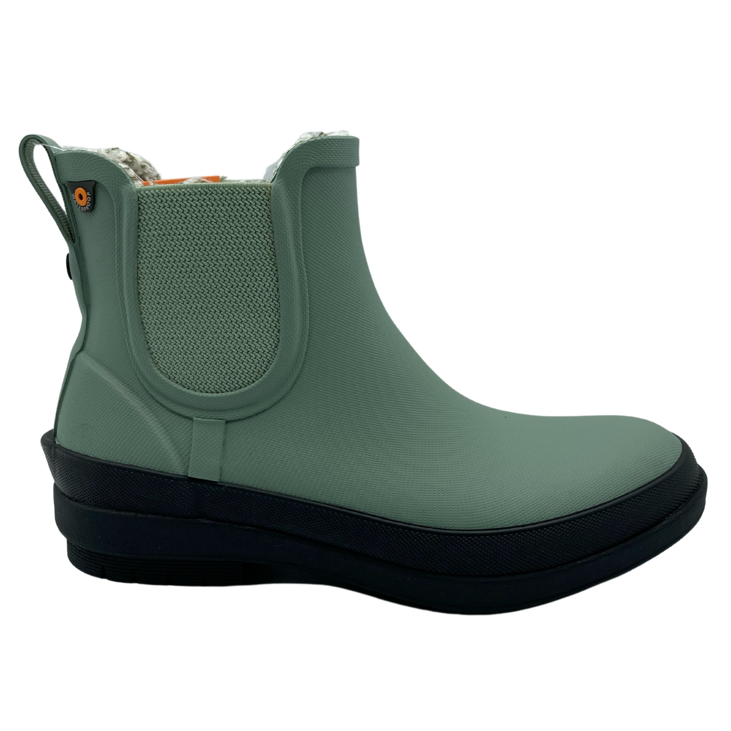 Right facing view of jade short rain boot with black rubber outsole and elastic gores 