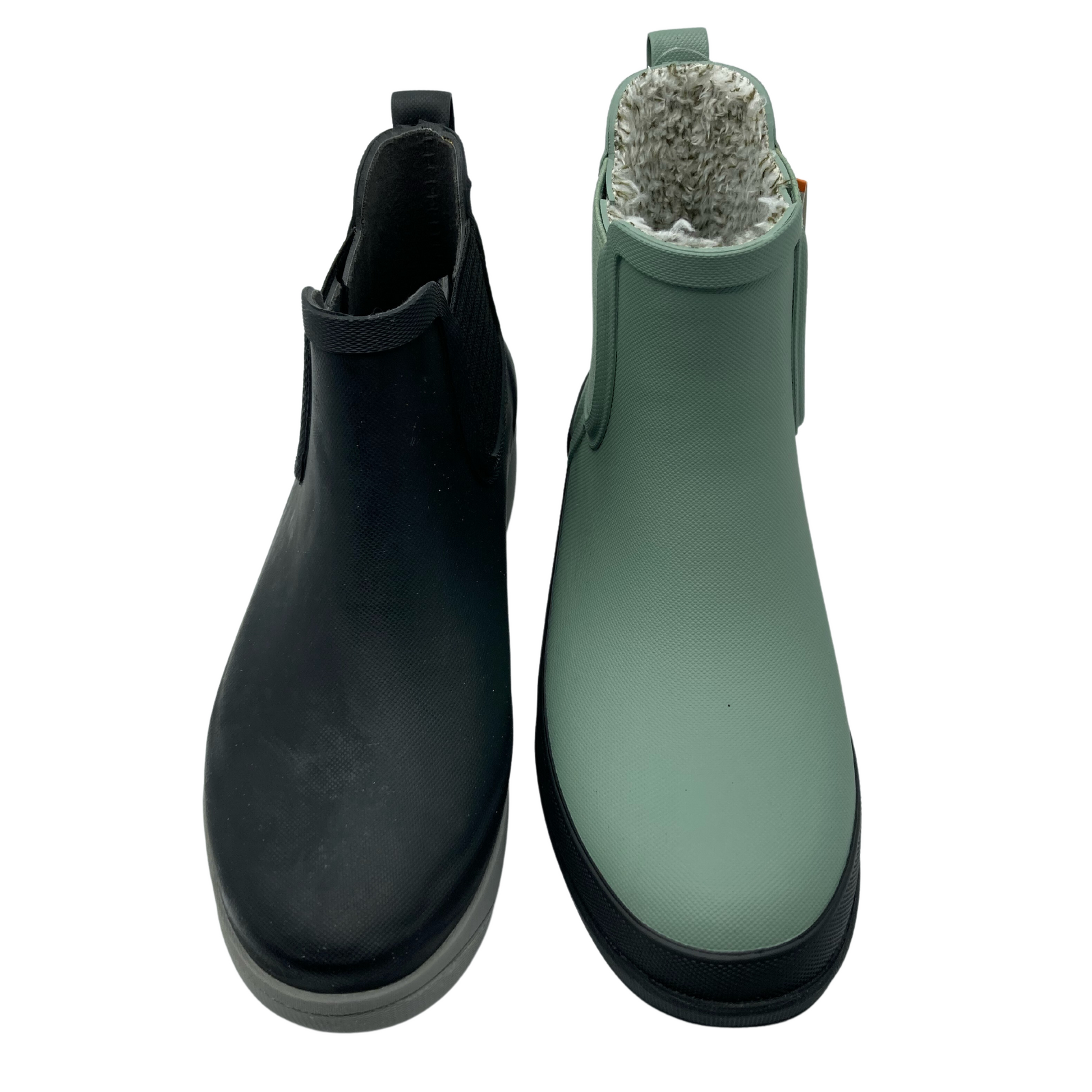 A view of a pair of short rain boots. Left one is black and right one is jade. Both have rounded toes and rubber outsoles