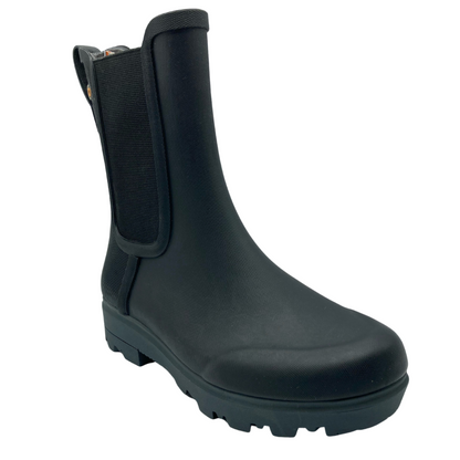 45 degree angled view of calf height rubber rain boot with elastic side gore