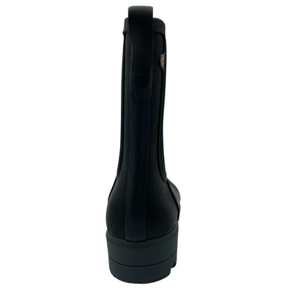 Back view of black calf height rubber rain boot with rubber outsole