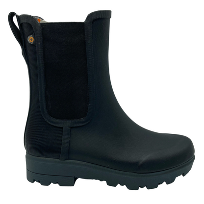 Right facing view of calf height rubber rain boot with elastic side gores