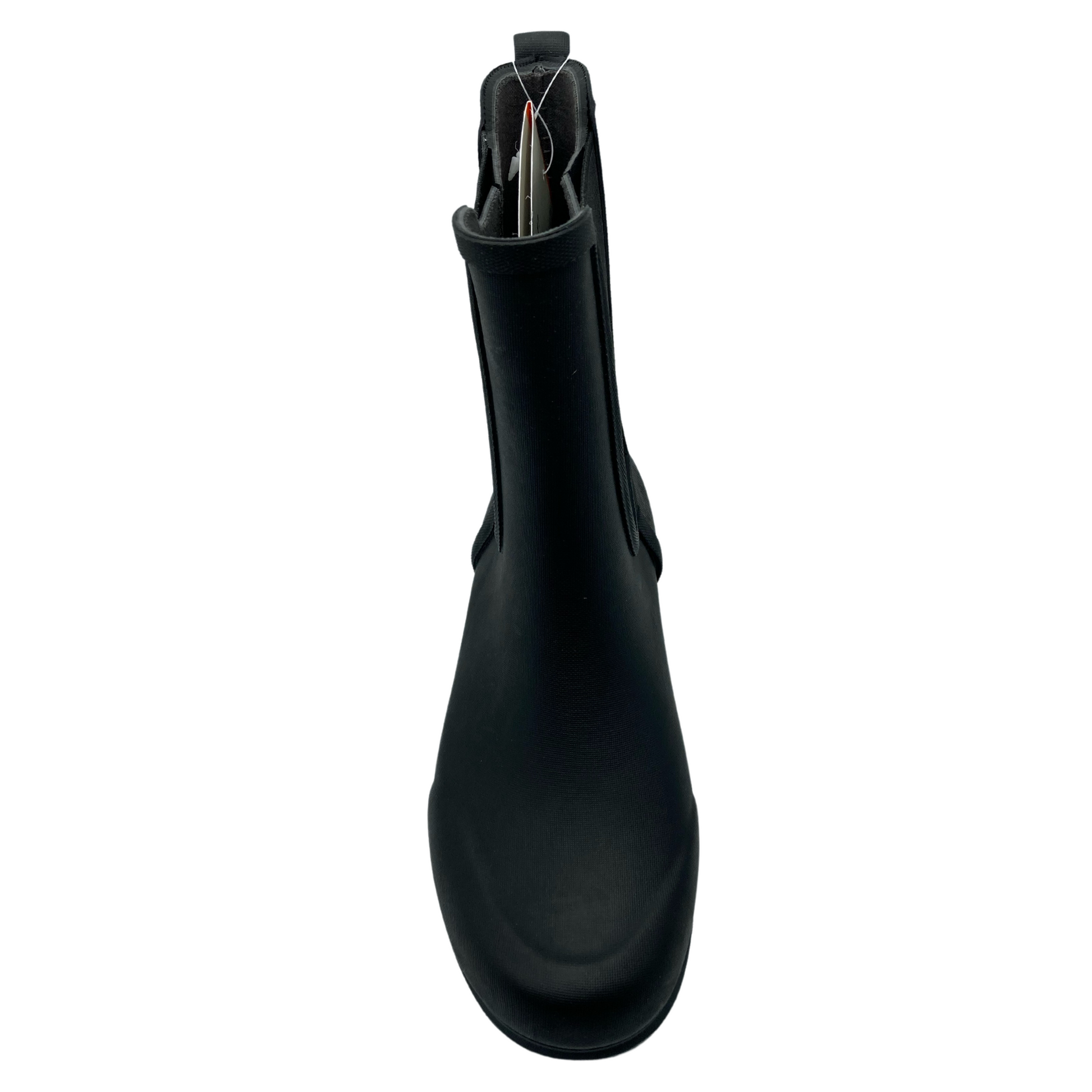 Front facing view of calf height black rubber rain boot with rounded toe
