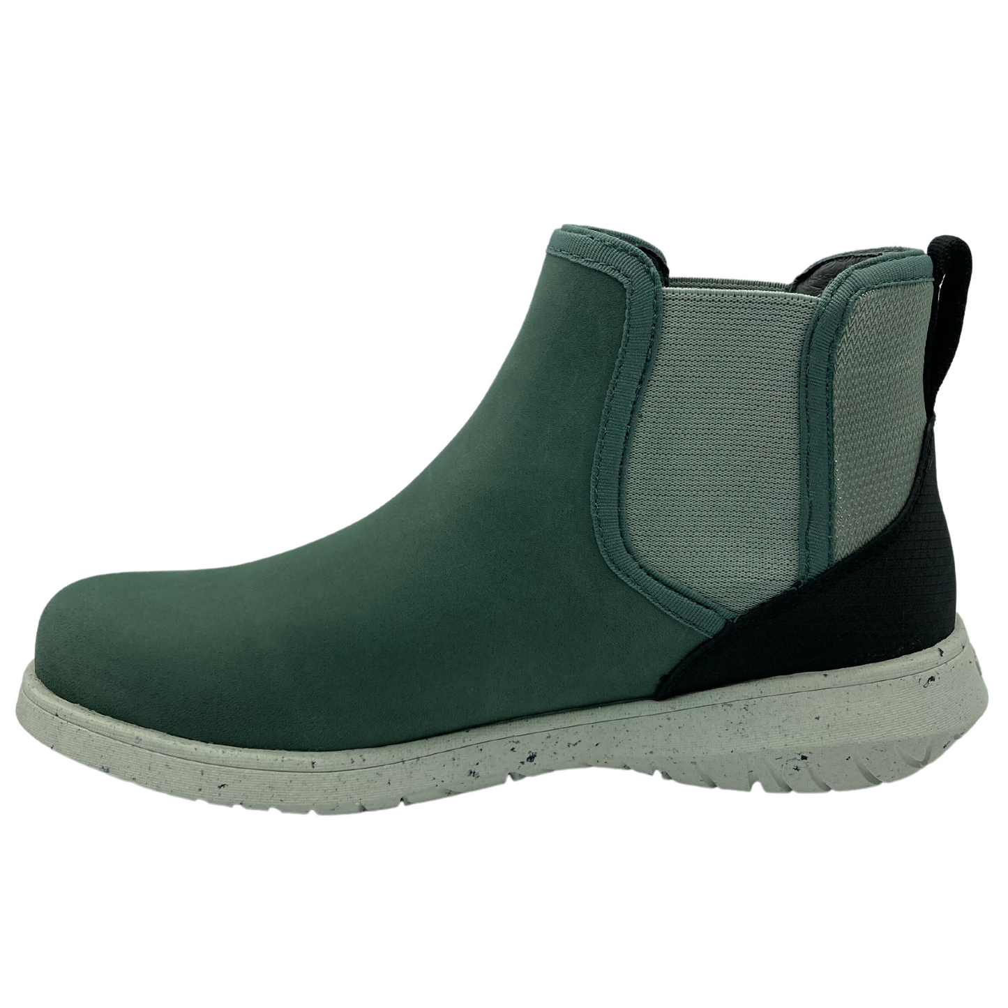 Left facing view of short green boot with elastic side gores and white outsole
