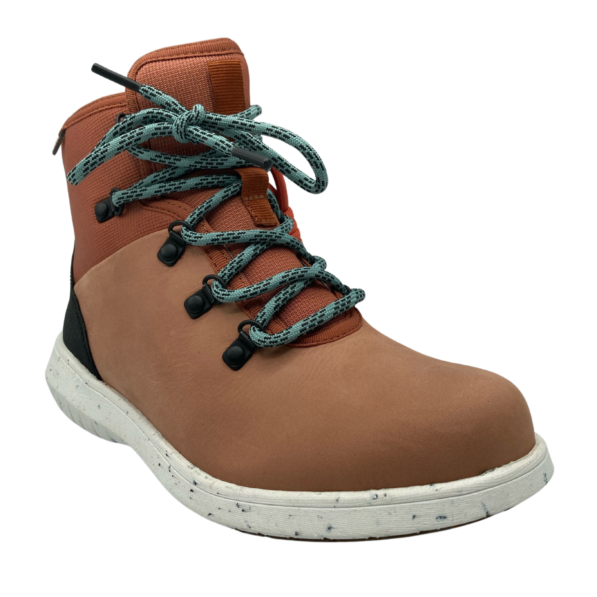45 degree angled view of leather hiking boot with white outsole and teal laces