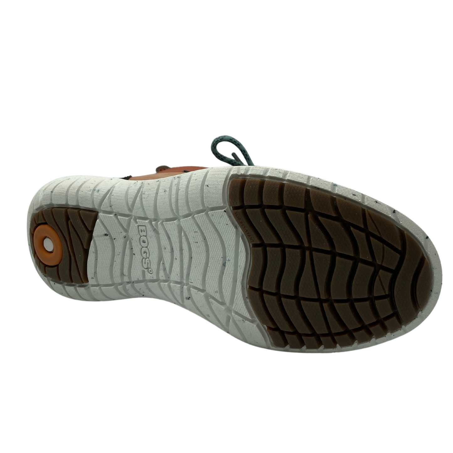 Bottom view of waterproof hiking boot with white and brown rubber outsole