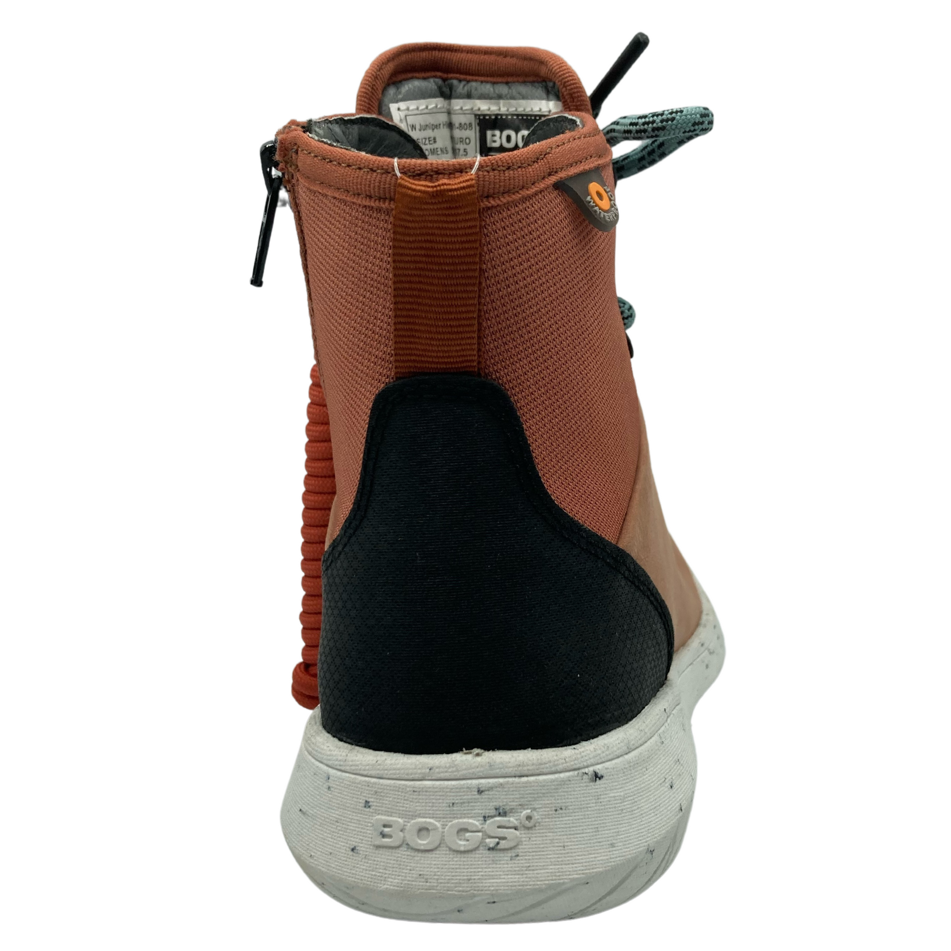 Back view of waterproof ankle boot with white outsole