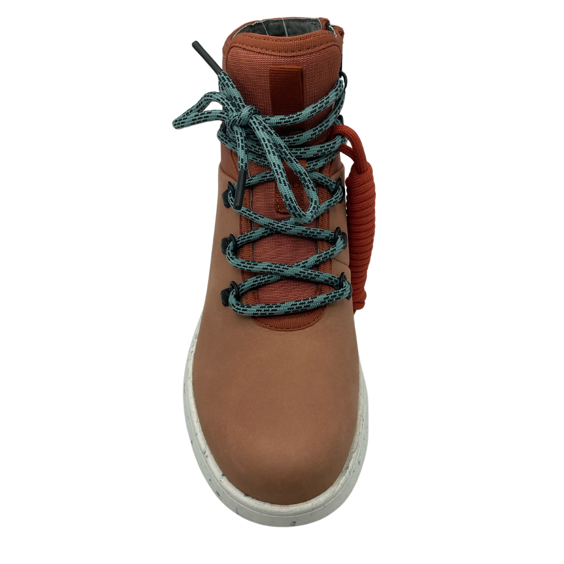 Top view of leather hiking boot with white outsole and teal laces