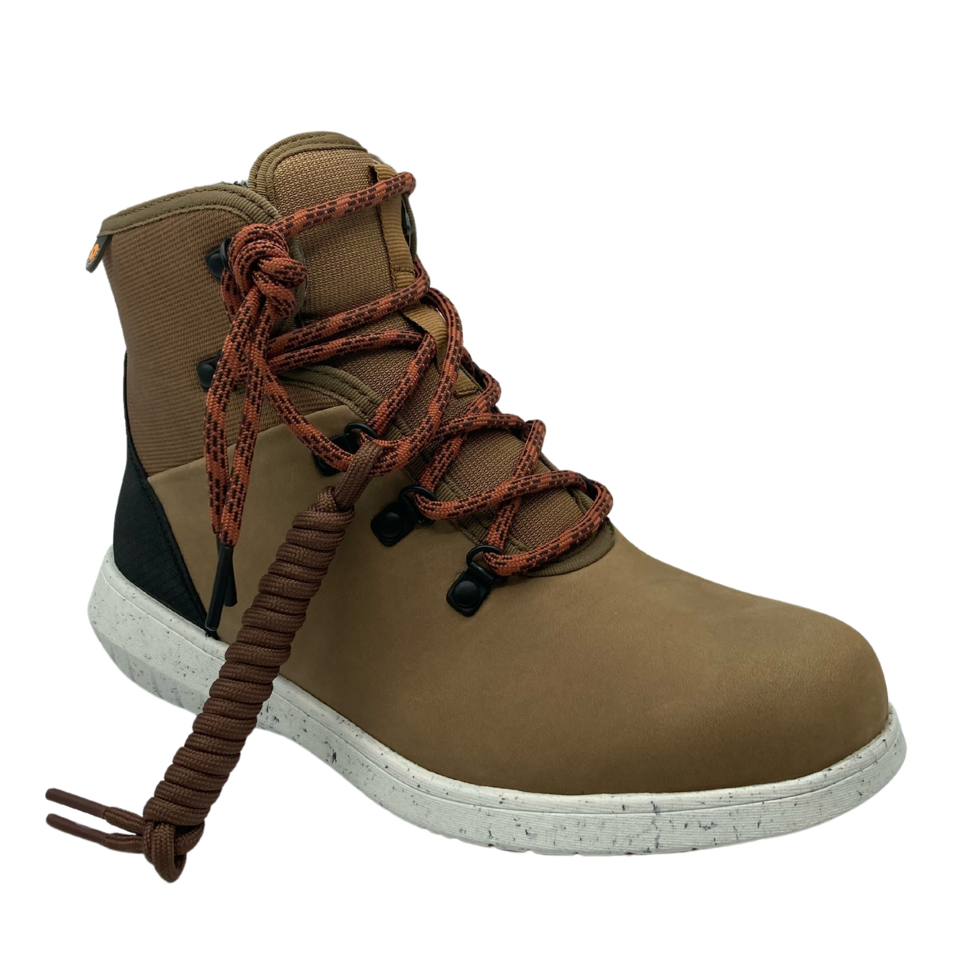 45 degree angled view of light brown hiking boot with burnt orange laces and white outsole