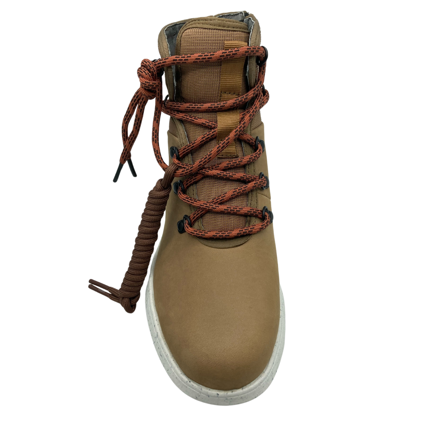 Top view of light brown hiking boot with white outsole and burnt orange laces