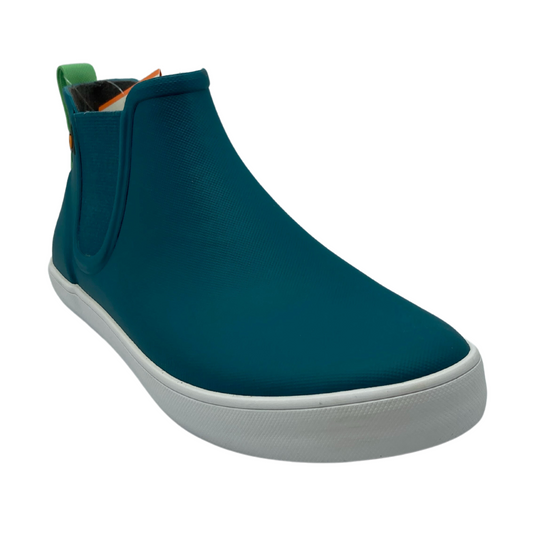 45 degree angled view of short dark Turquoise waterproof boot with elastic gore and white rubber outsole