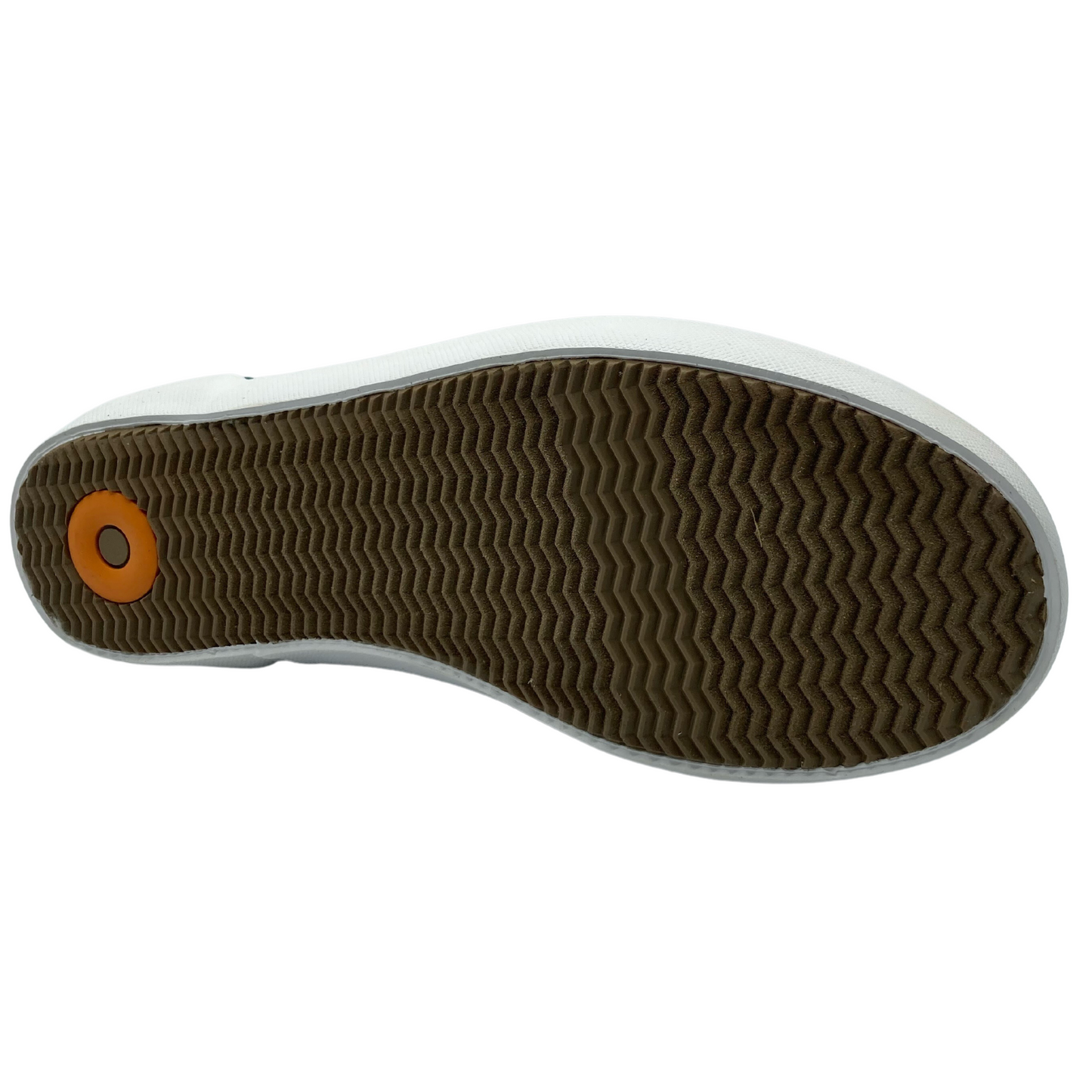 Bottom view of short boot with brown rubber tread