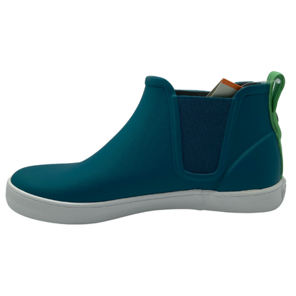 Left facing view of short Turquoise waterproof boot with white rubber outsole