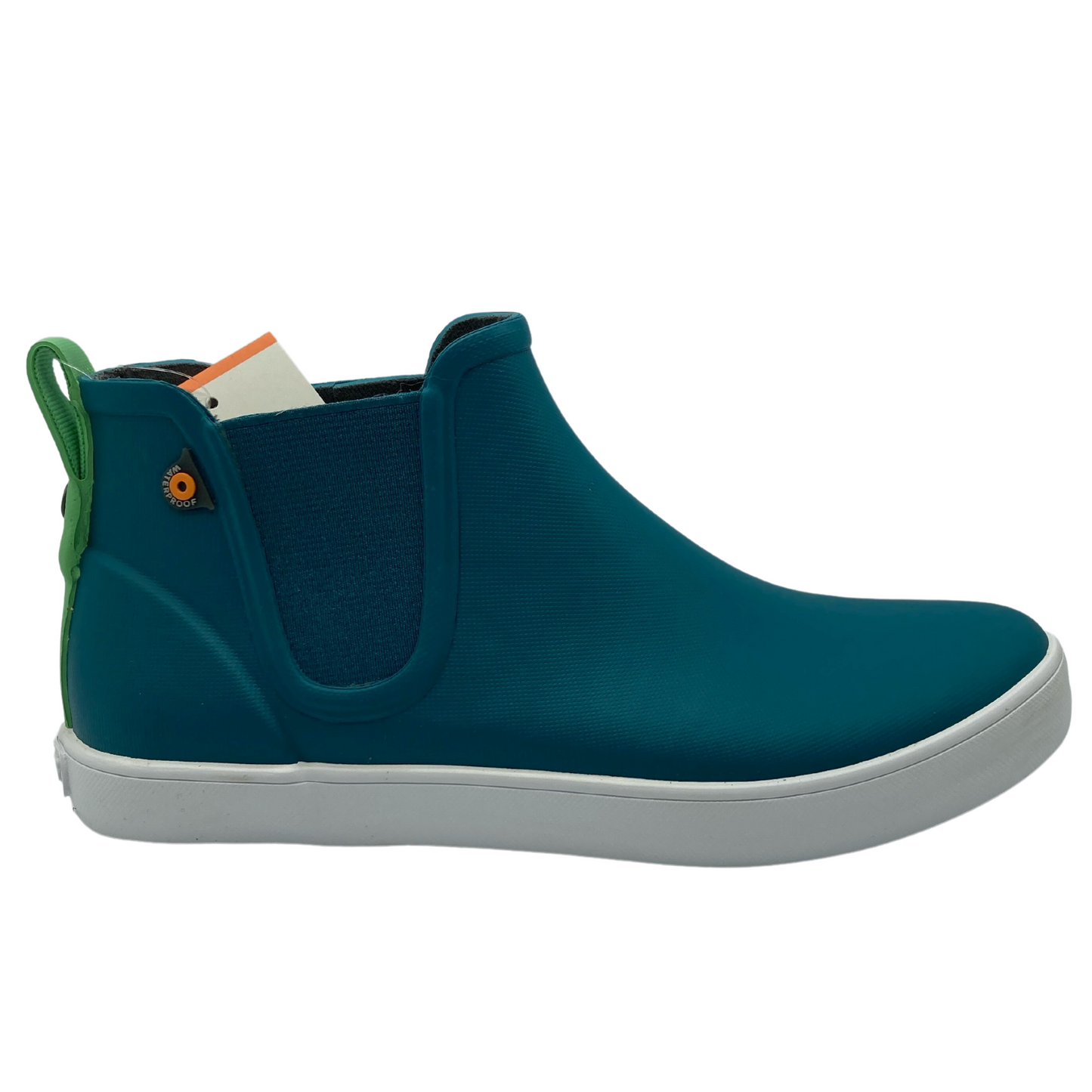 Right facing view of dark Turquoise with elastic gore and white rubber outsole