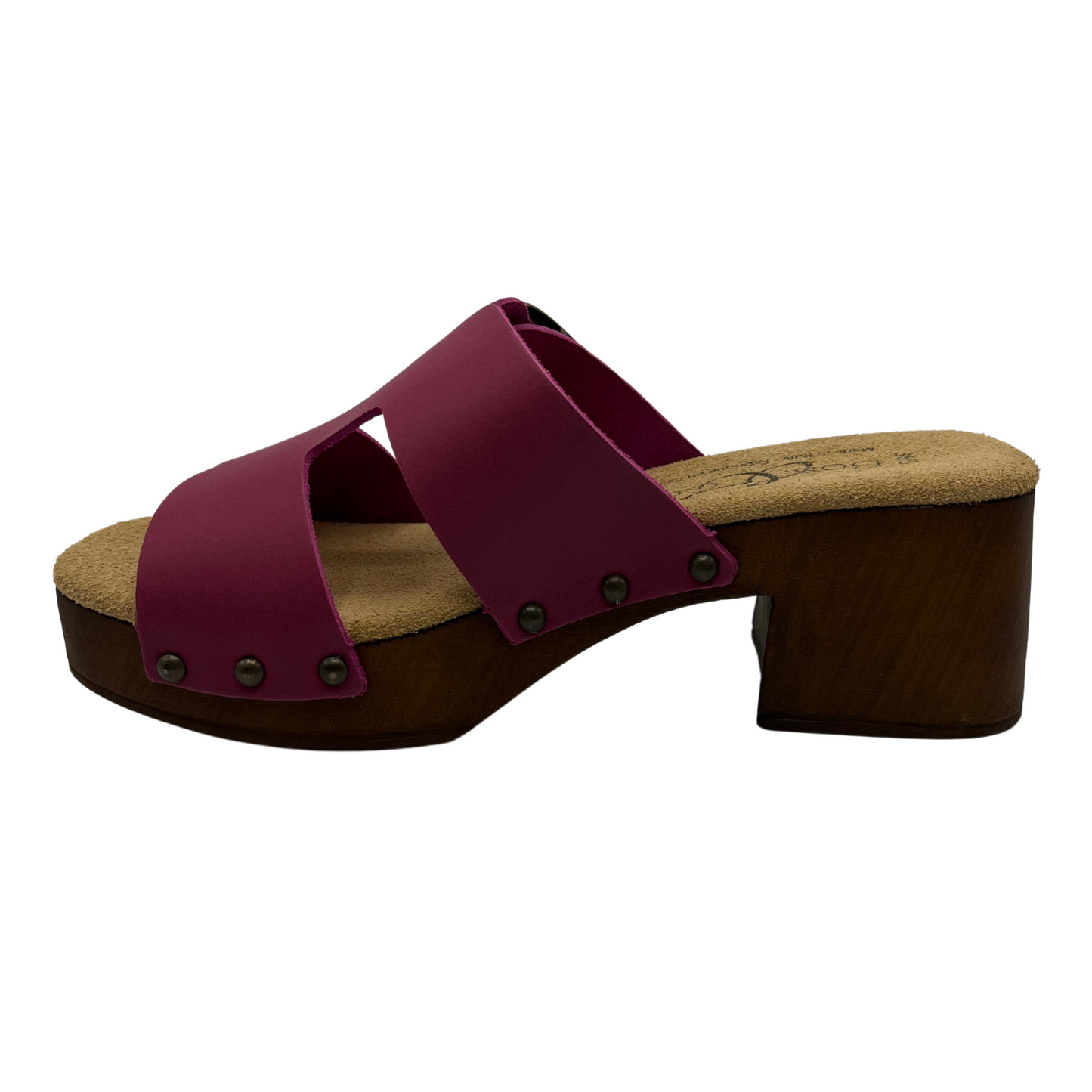 Left facing view of magenta leather sandals with chunky block heel and lined footbed