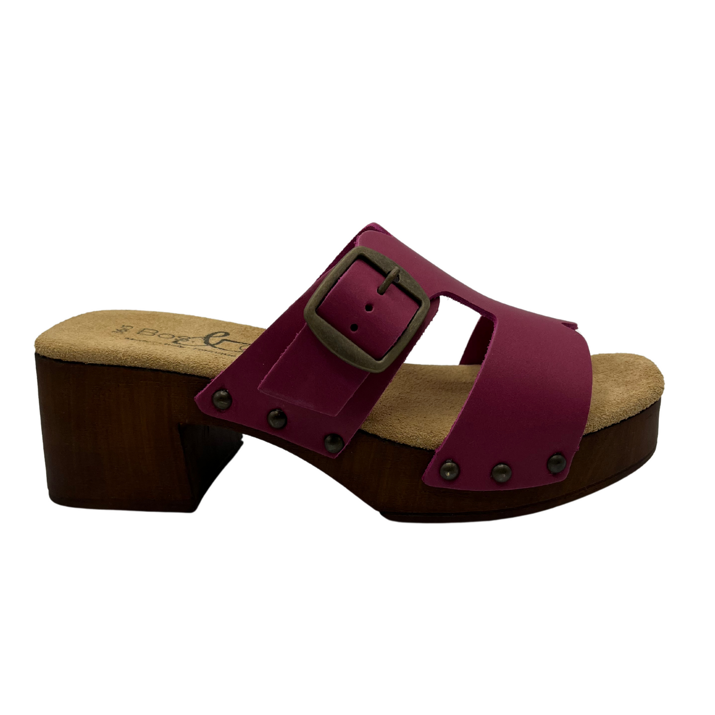 Right facing view of magenta leather sandals with chunky block heel and lined footbed