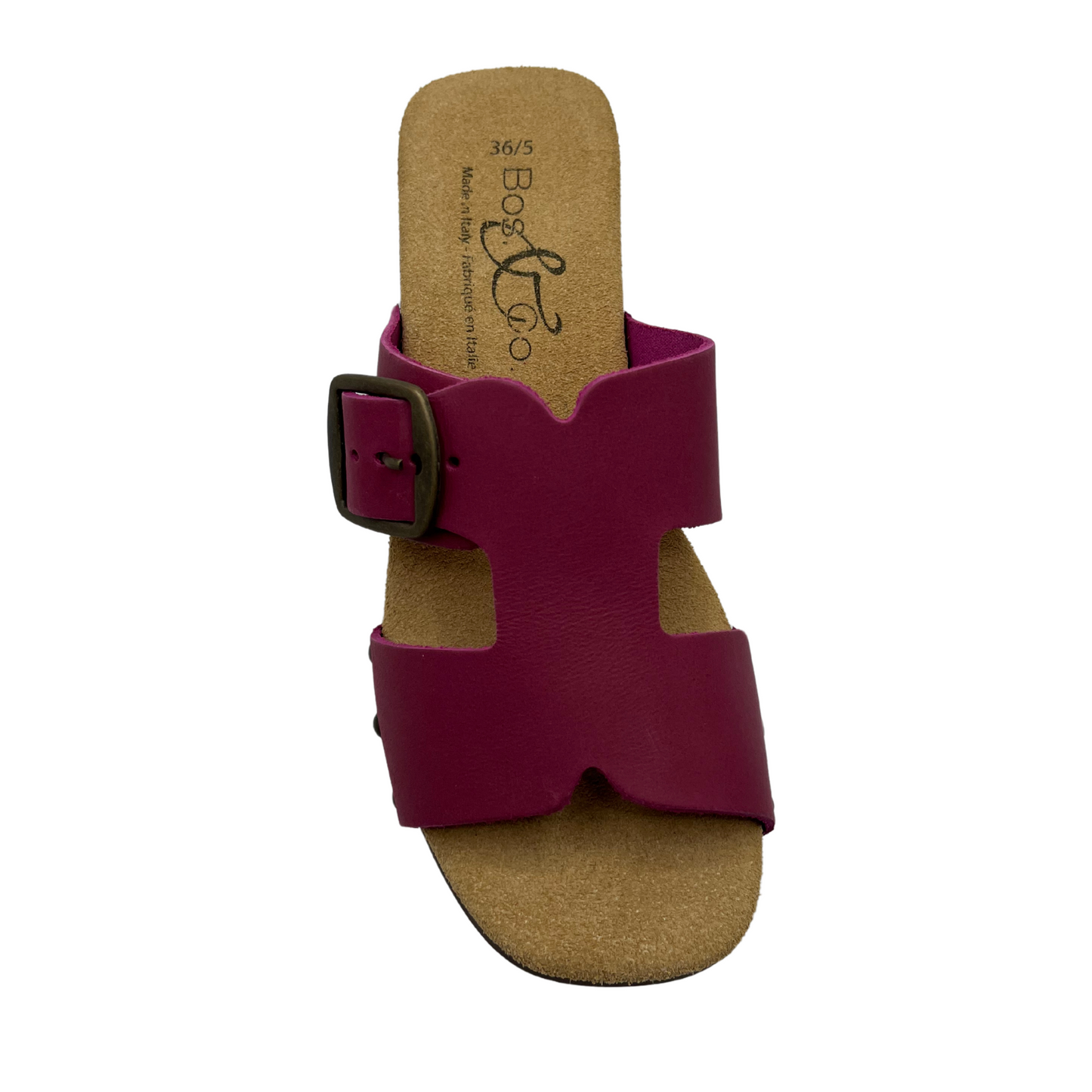 Top view of magenta leather sandals with chunky block heel and lined footbed