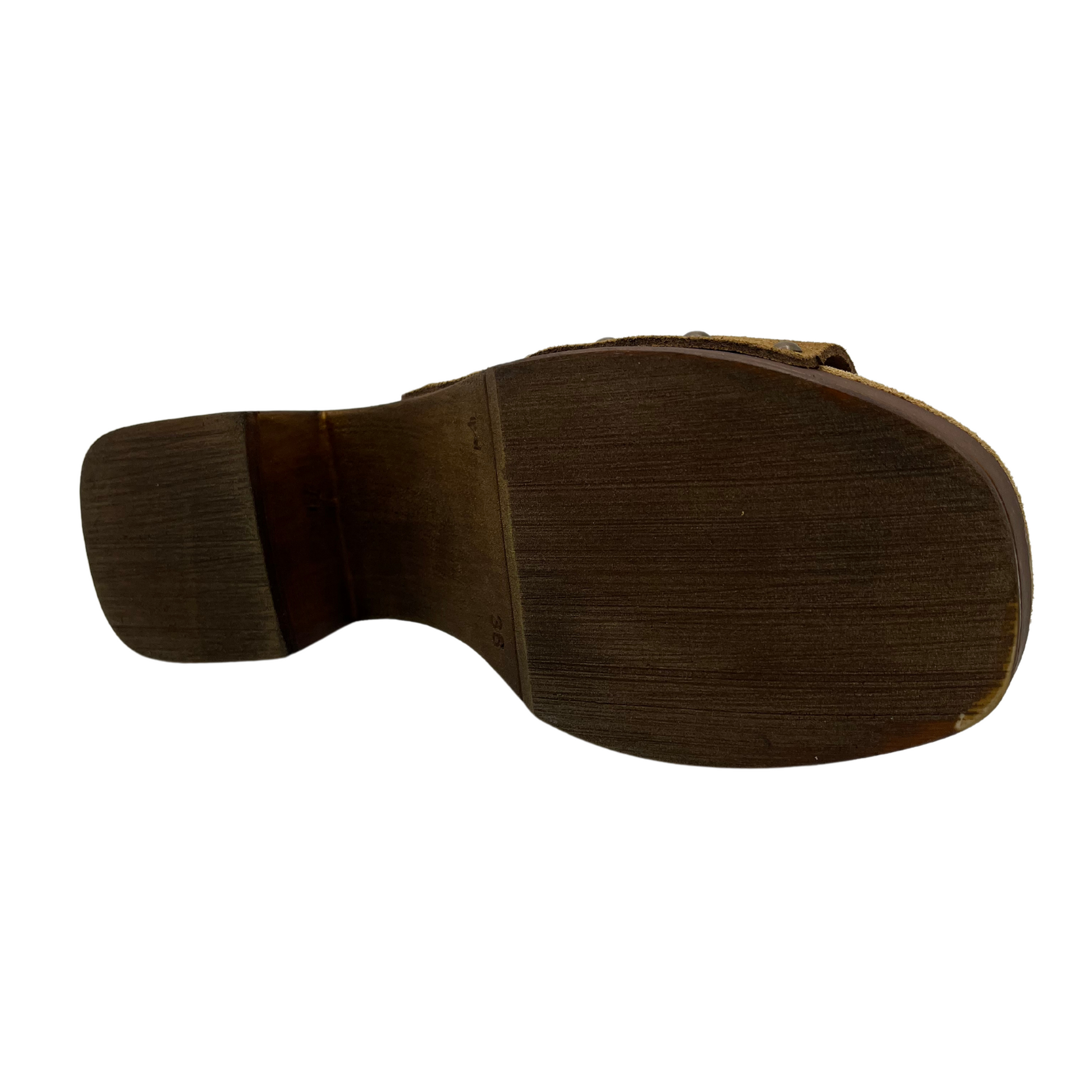 Bottom view of brown suede sandals with chunky block heel and suede lined footbed
