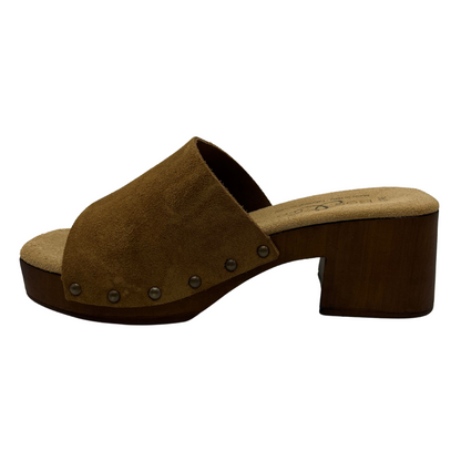 Left facing view of brown suede sandals with chunky block heel and suede lined footbed