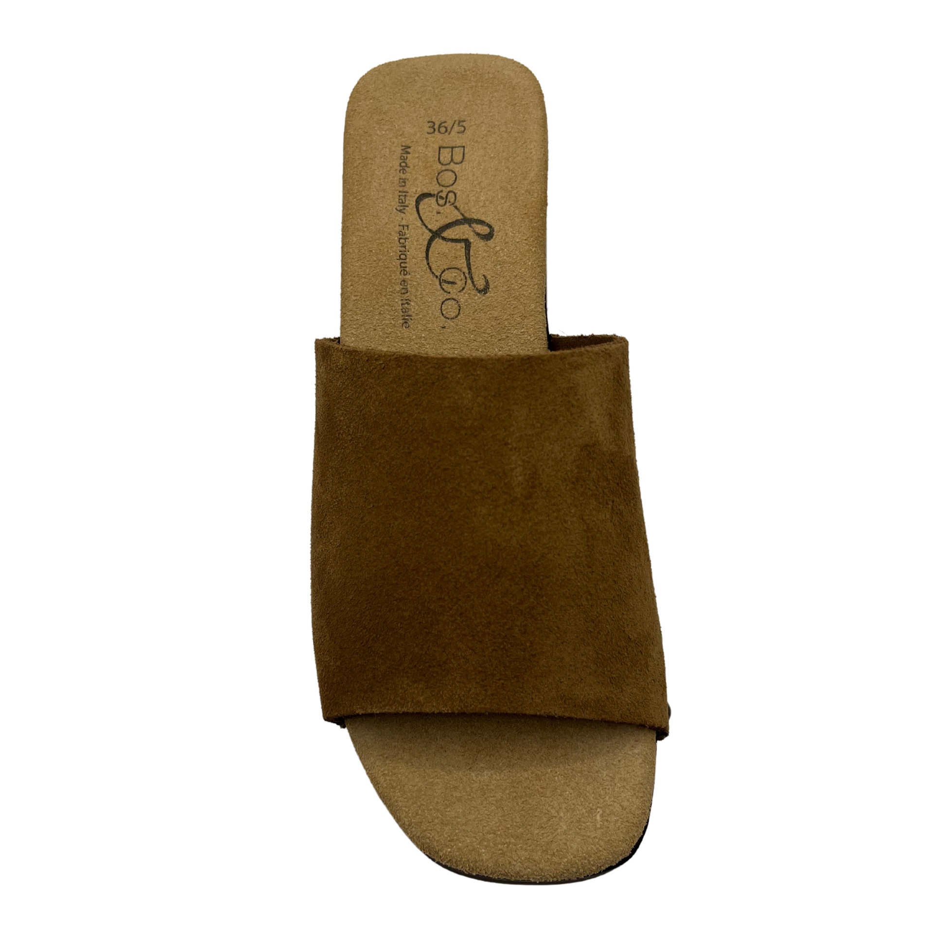Top view of brown suede sandals with chunky block heel and suede lined footbed