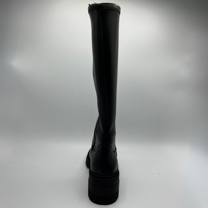 Black knee-high boot on a white background