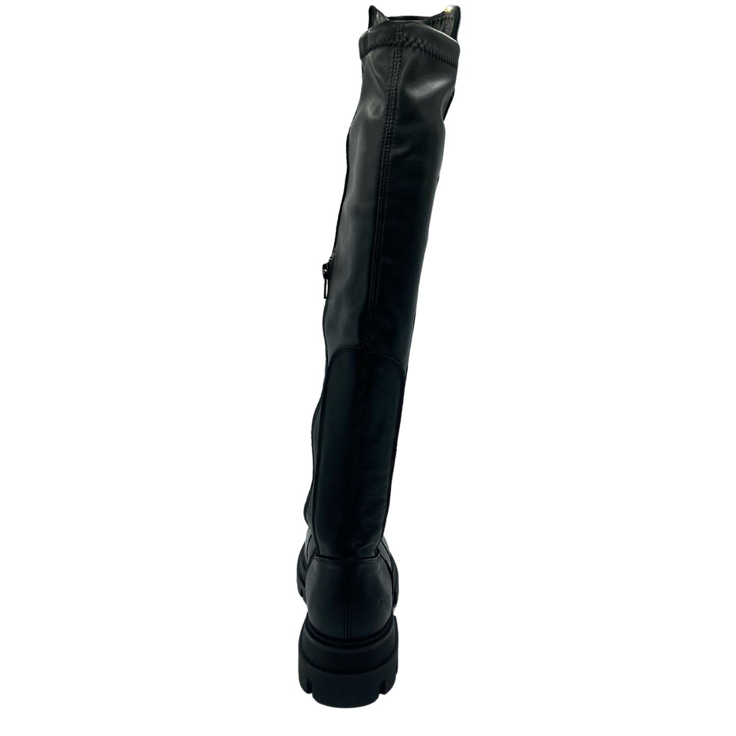 Back view of thigh high black leather boot with rubber platform sole