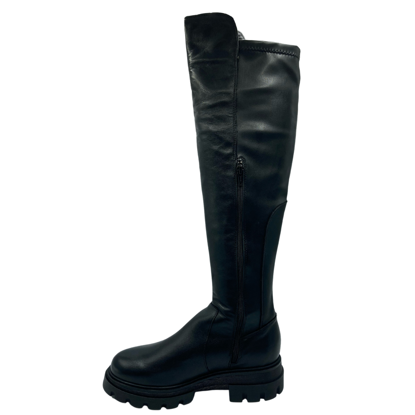 Left facing view of black leather thigh high boot with side zipper closure and rounded toe