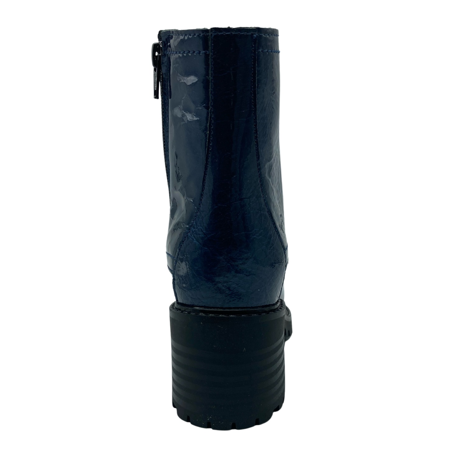 Back view of blue patent leather short boot with black chunky heel