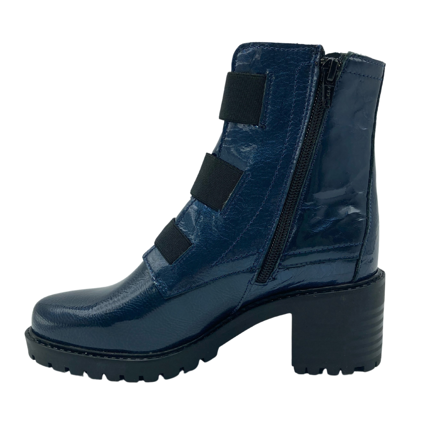 Left facing view of blue patent leather short boot with chunky black heel and black side zipper
