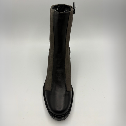 Top view of a two toned black short boot with a stacked heel and rounded toe