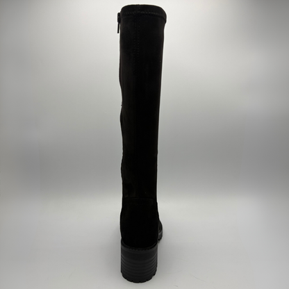 Back view of a black tall boot with a stacked heel