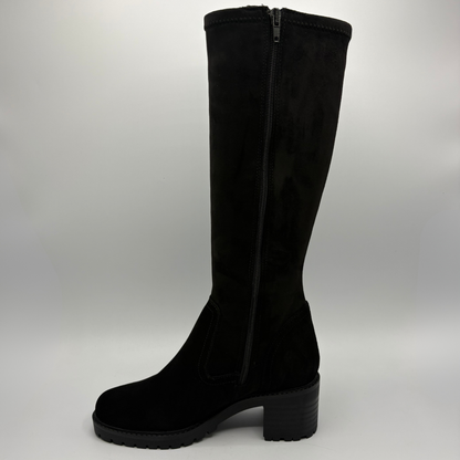 Left facing view of a black tall boot with a side zipper