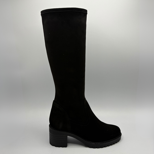 Right facing view of a black tall boot with a chunky heel