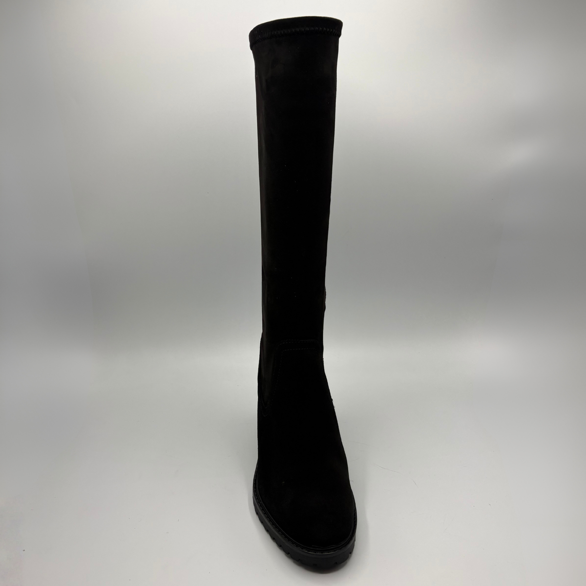 Front view of a black tall boot with a side zipper and rounded toe