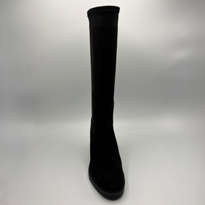 Front view of a black tall boot with a side zipper and rounded toe