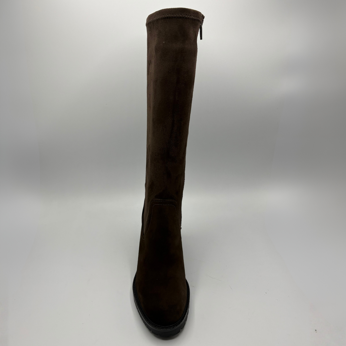 Front view of a brown tall boot with a side zipper and rounded toe