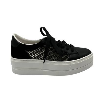 Right facing view of black leather sneaker with platform white rubber outsole. Mesh side with gold details and black laces.