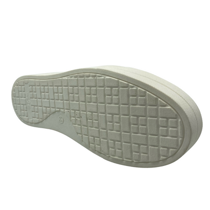 Bottom view of white sneaker with platform rubber sole